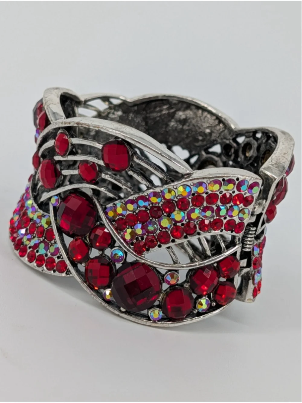 Red Rhinestone Wide Cuff Bracelet Silver Tone AB Crystal Y2K Glam Statement
